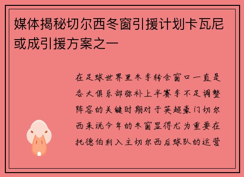媒体揭秘切尔西冬窗引援计划卡瓦尼或成引援方案之一